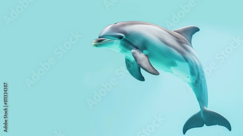 A bottlenose dolphin leaps gracefully through the clear blue water. photo