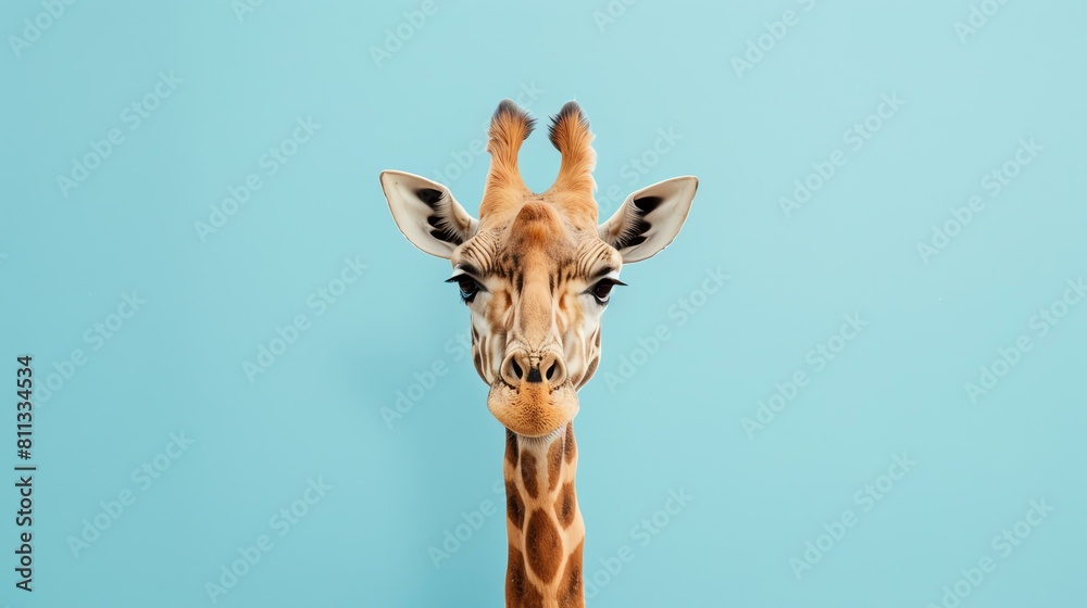 Funny giraffe closeup portrait on blue background. The giraffe is looking at the camera with a curious expression.