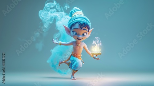 Little blue genie boy with a big smile on his face. He is wearing a blue turban and a white shirt. photo