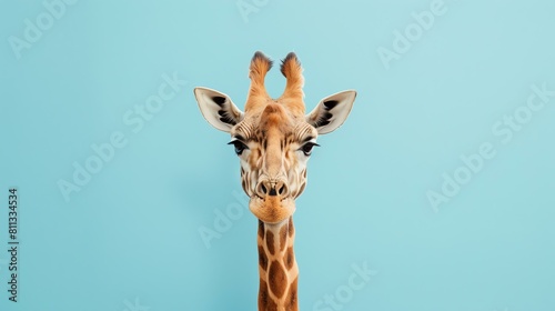 Funny giraffe closeup portrait on blue background. The giraffe is looking at the camera with a curious expression. photo