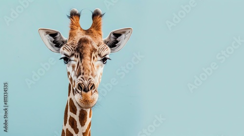 Funny giraffe face closeup. Square composition. Blue background with copy space. photo