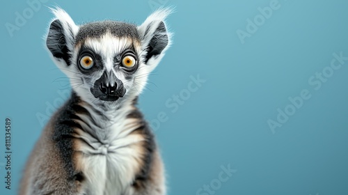 A cute and curious lemur staring at the camera with big yellow eyes. It has a long, fluffy tail and soft, gray and white fur.
