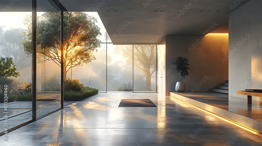 Golden Dawn: Modern Interior Design with Floor-to-Ceiling Glass Walls Overlooking Sunrise Golden Dawn: Modern Interior Design with Floor-to-Ceiling Glass Walls Overlooking Sunrise