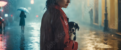 Person with dog animal in rain on street.