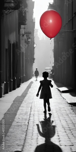Alone child walking down city street with red balloon. Loneliness © anetlanda