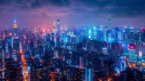 A cityscape lit up at night with a view of the water  AI