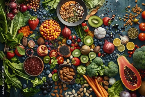 A colorful assortment of fruits and vegetables are spread out on a table