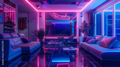 Futuristic interior room with high technology and luxury style  cyber living room with neon light and reflection.