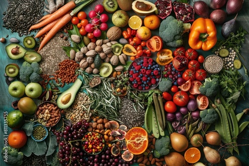 A colorful assortment of fruits and vegetables are displayed on a table