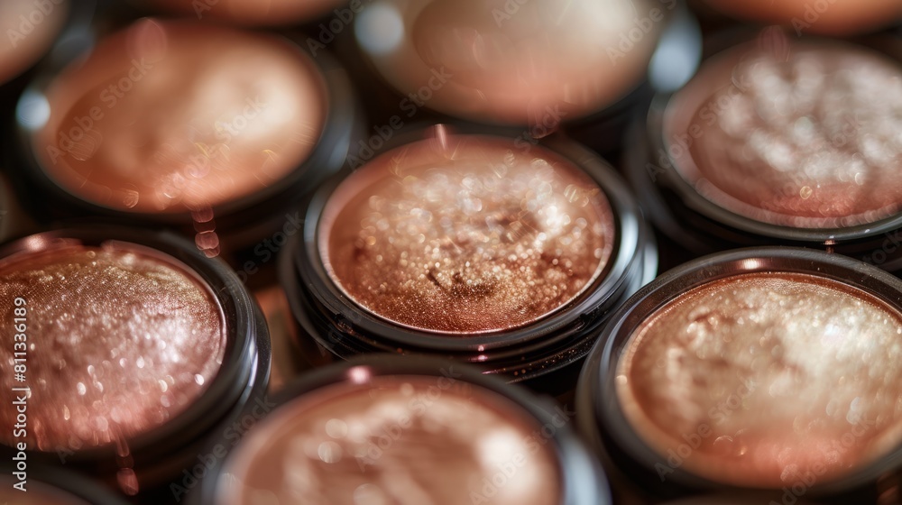 Shimmering highlighters and bronzers gleaming background Shimmering highlighters and bronzers gleaming background