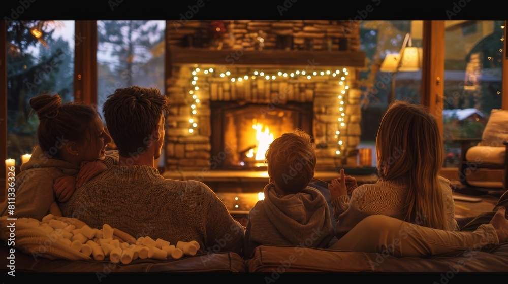 Cozy family evening by the modern fireplace roasting marshmallows and telling stories Cozy family evening by the modern fireplace roasting marshmallows and telling stories