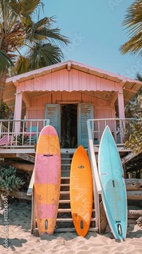 Beach Hut With Surfboards on Porch