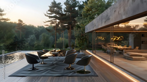 A high-end dining set with sleek swivel chairs and a modular glass table, located on a spacious garden deck with views of a forested landscape and ambient mood lighting photo
