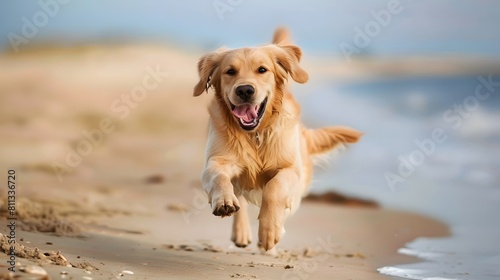 Golden retriever dog running on beautiful beach pictures 