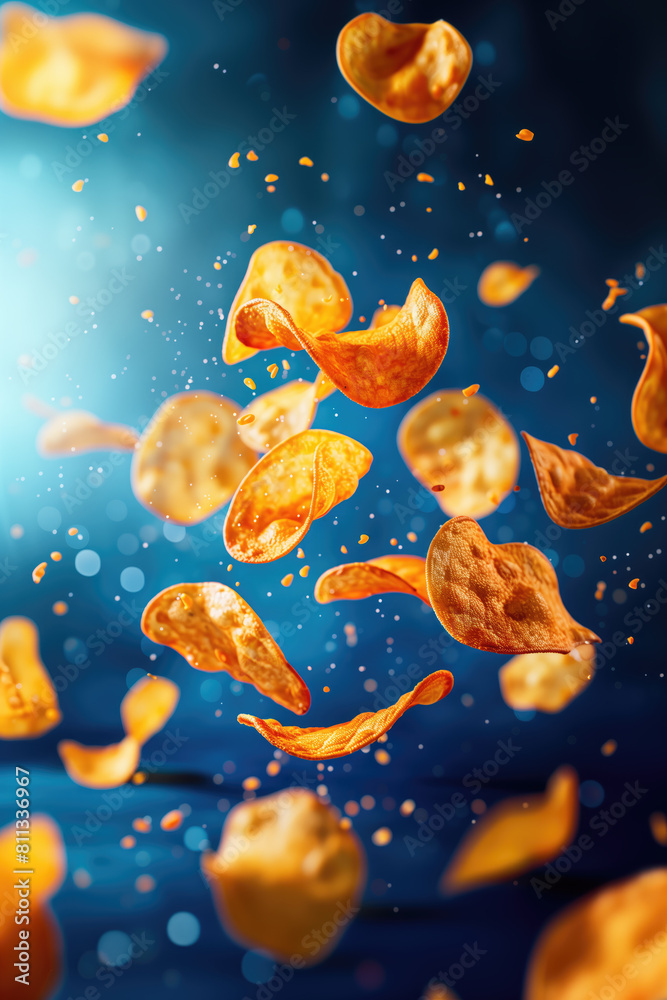 Close-up of potato chips in mid-air with crumbs against a blue background. Close-up of potato chips in mid-air with crumbs against a blue background.