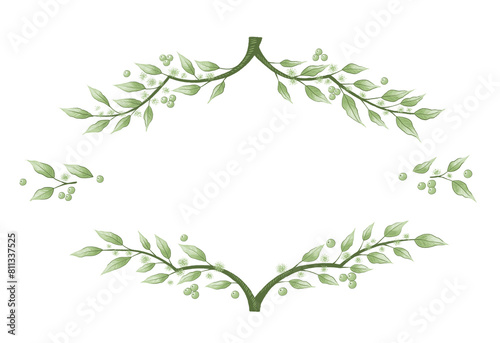 Cartoon painted frame made of green leaves and berries. Fairy tale forest. Illustration on a transparent background, hatching, vintage clipart.