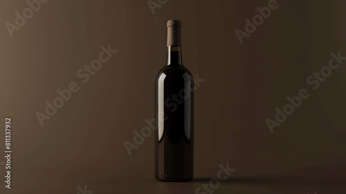 A bottle of red wine on a brown background. The bottle is dark and shiny, and the background is a rich, warm brown.
