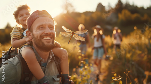 young smiling man father hiking with a child boy on shoulders, the forest, with space for text