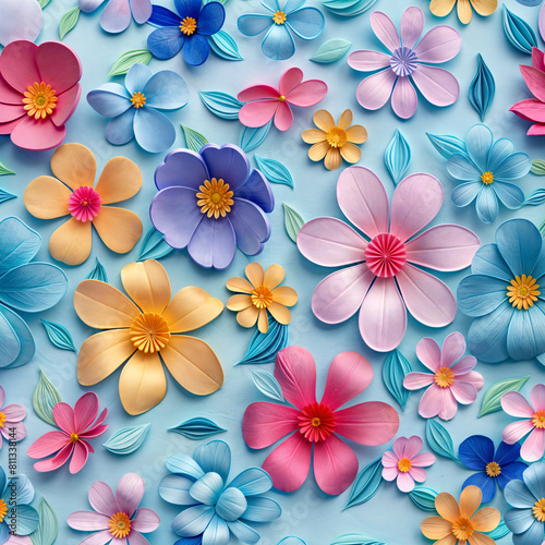 vibrant floral seamless pattern with a blue background. There are colorful paper flowers and leaves scattered across the background.