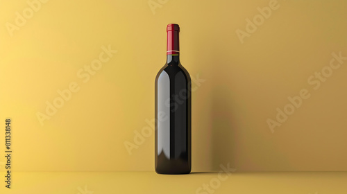 A bottle of red wine on a yellow background. The bottle is dark green and has a red cap. The bottle is sitting on a yellow table.