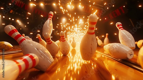 The image is a 3D rendering of a bowling alley. The pins are arranged in a triangle at the end of the lane. photo