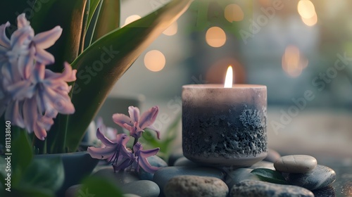 A luxury hyacinth candle with a modern  minimalist design in a serene aromatherapy setting with stones and leaves. Shot in 8K