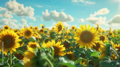 Field of vibrant sunflowers against a blue sky