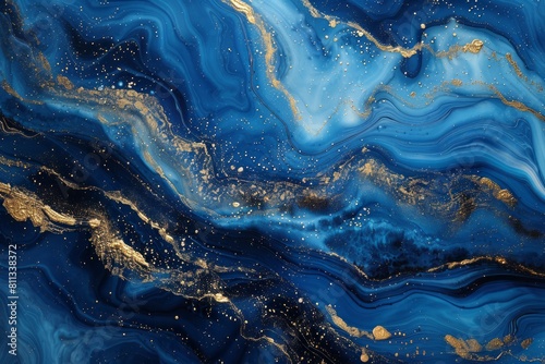 Abstract art with swirling blue and gold patterns, resembling a cosmic galaxy