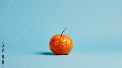 A fresh and juicy tangerine isolated on a blue background. The tangerine is perfectly ripe and ready to be eaten. photo