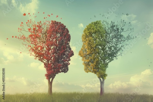 Summer and autumn trees in the shape of human profiles looking at each other