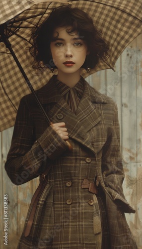 Woman With Umbrella Standing in Front of Wall