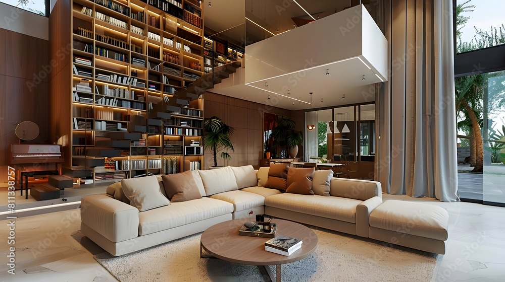 Luxury Modern House Interior With Corner Sofa Bookshelf And Staircase

