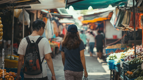 Um casal explorando um mercado local em uma viagem internacional, absorvendo a cultura e os sabores locais. photo