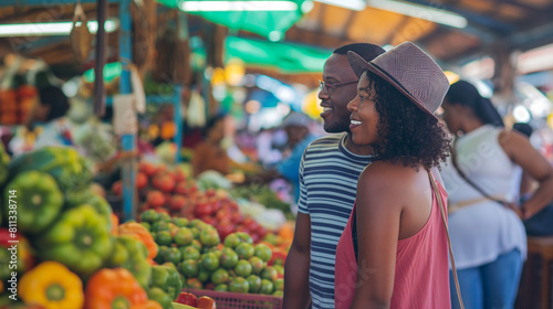 Um casal explorando um mercado local em uma viagem internacional, absorvendo a cultura e os sabores locais. photo