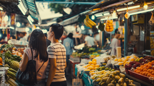 Um casal explorando um mercado local em uma viagem internacional, absorvendo a cultura e os sabores locais. photo