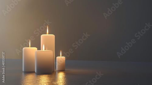 Four white candles are burning on a reflective surface. The candles are different sizes and are arranged in a staggered formation.