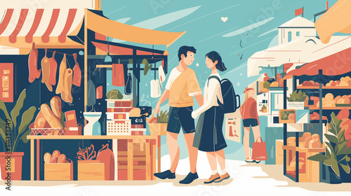Um casal explorando um mercado local em uma viagem internacional, absorvendo a cultura e os sabores locais. - Ilustração photo