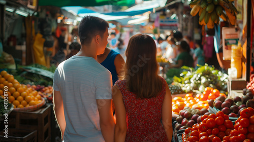 Um casal explorando um mercado local em uma viagem internacional, absorvendo a cultura e os sabores locais photo