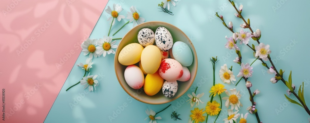 Artistic overhead shot of a bowl filled with colorful Easter eggs adorned with spring flowers.