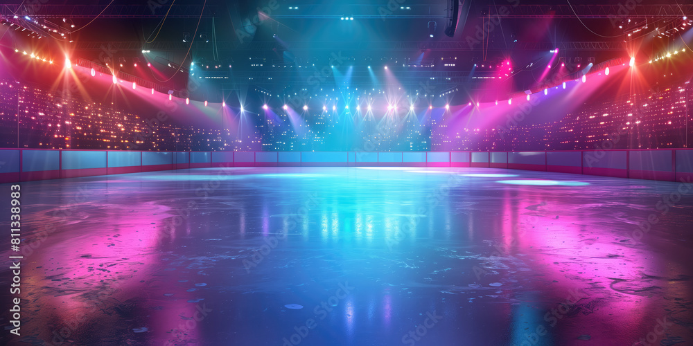 Obraz premium Empty skating rink illuminated with bright colorful lights and reflections