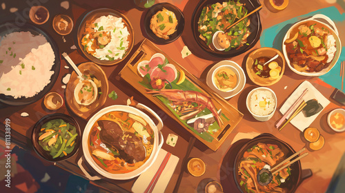 Uma mesa farta com diversos pratos de comida deliciosa de diferentes culturas ao redor do mundo. photo