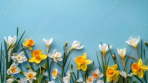 A mix of daffodils and crocuses interwoven on a soft cerulean canvas, leaving space for text. photo