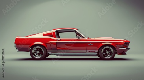 Side view of a classic red muscle car from the 1960s with a white racing stripe  and a large hood scoop.