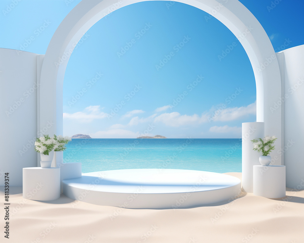 Fototapeta premium Empty simple background for presentation with wall and podium.