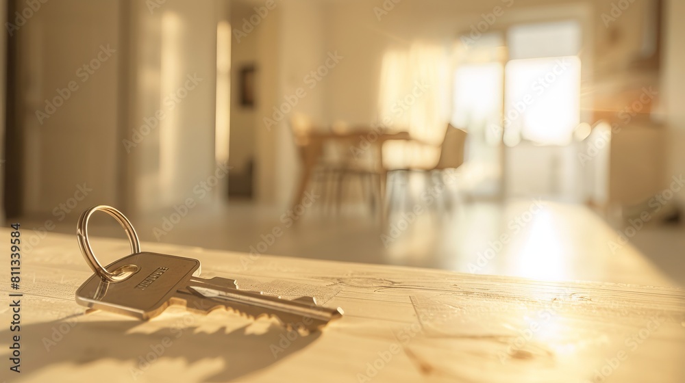 A key is sitting on a table in front of a house. A key is sitting on a table in front of a house.