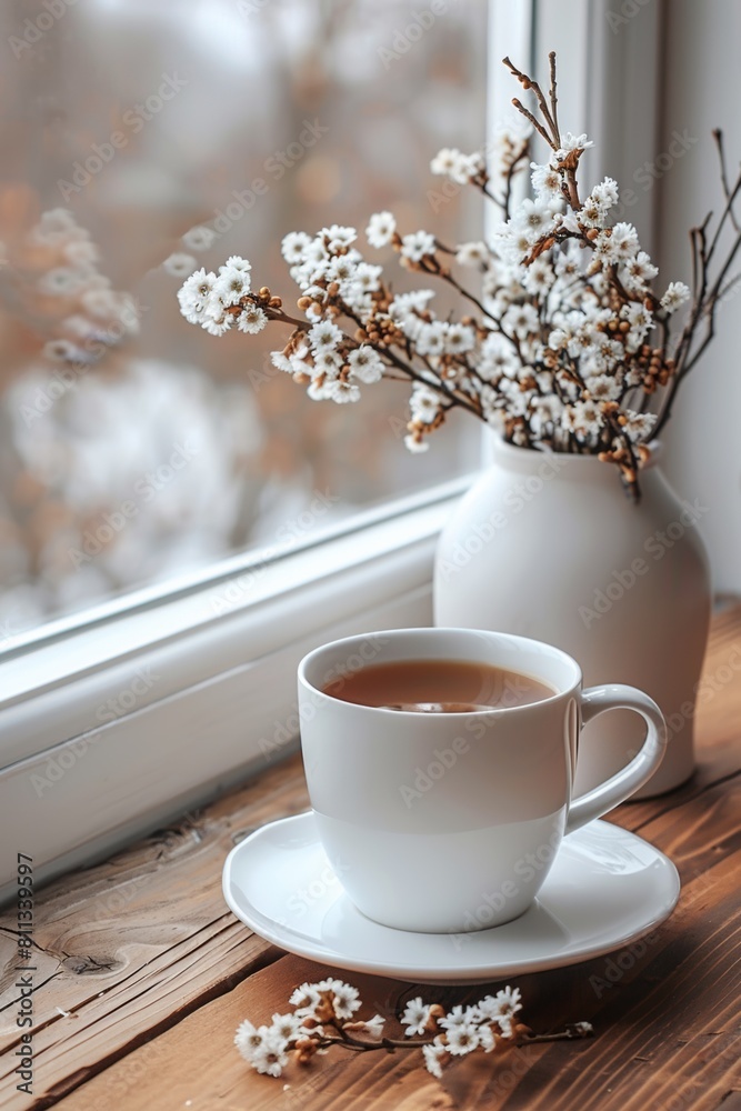 A cup of coffee on a table next to some flowers, AI A cup of coffee on a table next to some flowers, AI