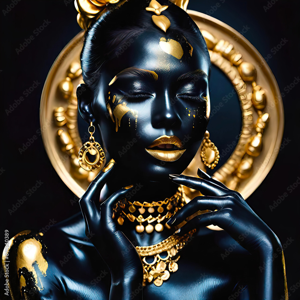Obraz premium fashion photograph of a beautiful model completely covered in black paint, with gold jewelry on a black background, illustration for the fashion world