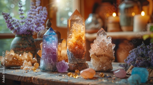 Magic healing rock for Reiki Crystal Ritual, Witchcraft, gemstones minerals stones and obelisks over astrology desk.