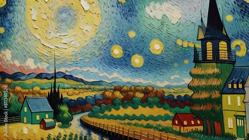 Countryside landscape at day, impressionist oil painting. Village and fields, houses in valley and beautiful sky. Animation with image transformations and metamorphose. AI generated video