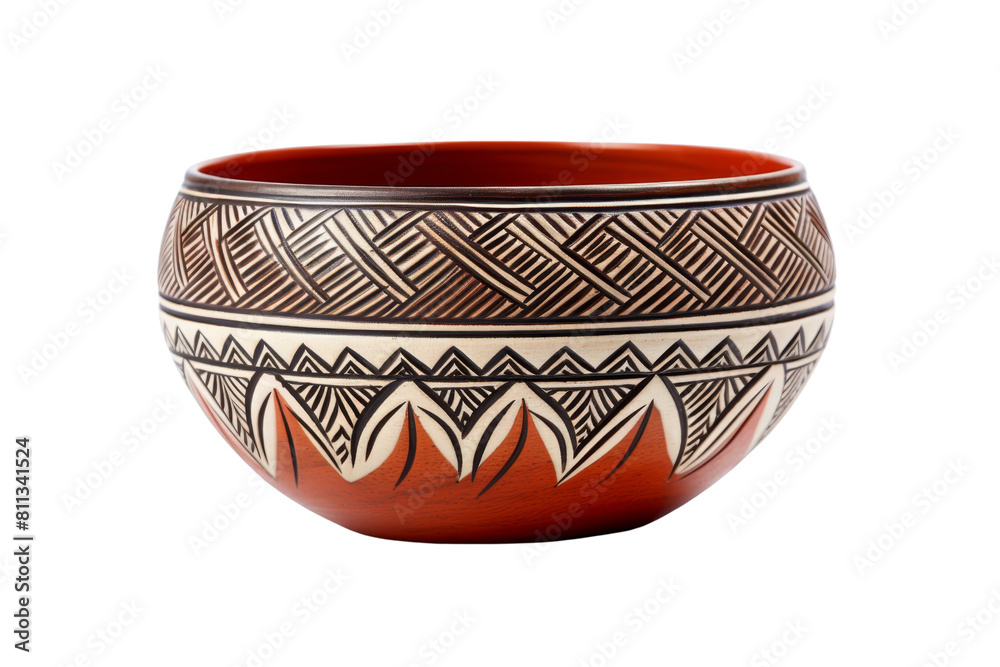 A red and white bowl with a pattern of lines and shapes. The bowl is made of clay and has a unique design A red and white bowl with a pattern of lines and shapes. The bowl is made of clay and has a unique design